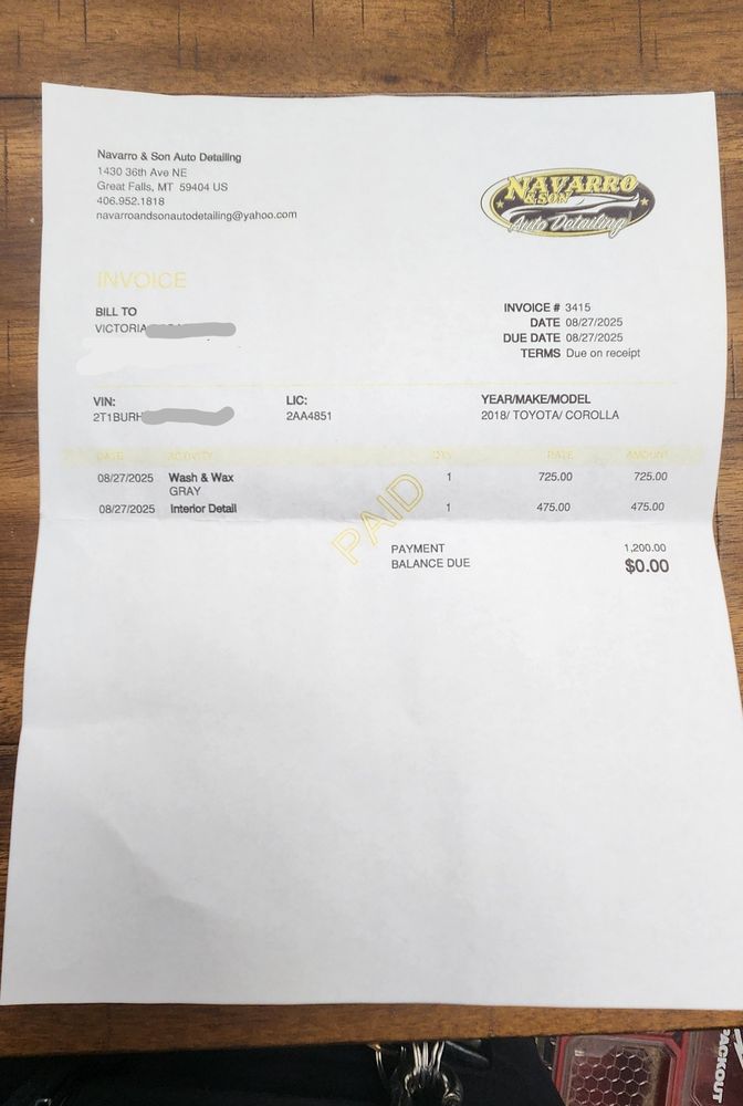 Official invoice from Navarro and Son Auto Detailing